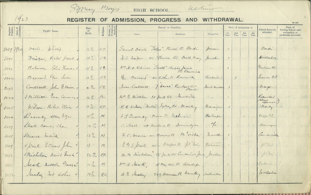 Admissions Register 1923