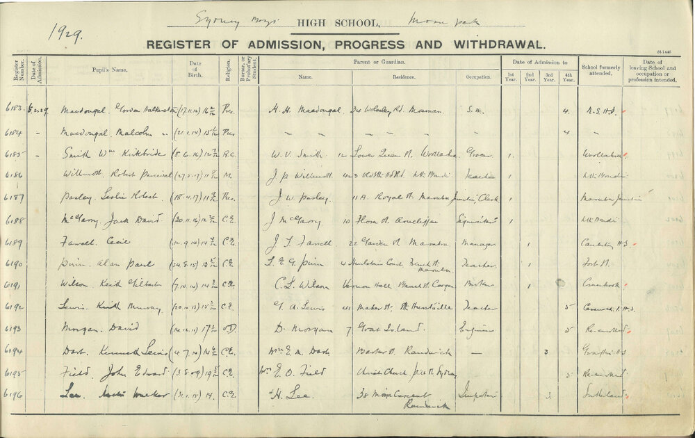 Admissions Register 1929