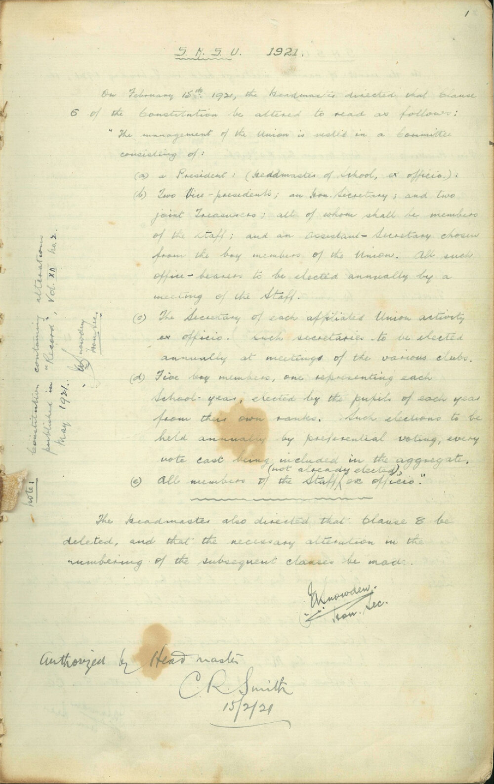 School Union - Minutes, 1921