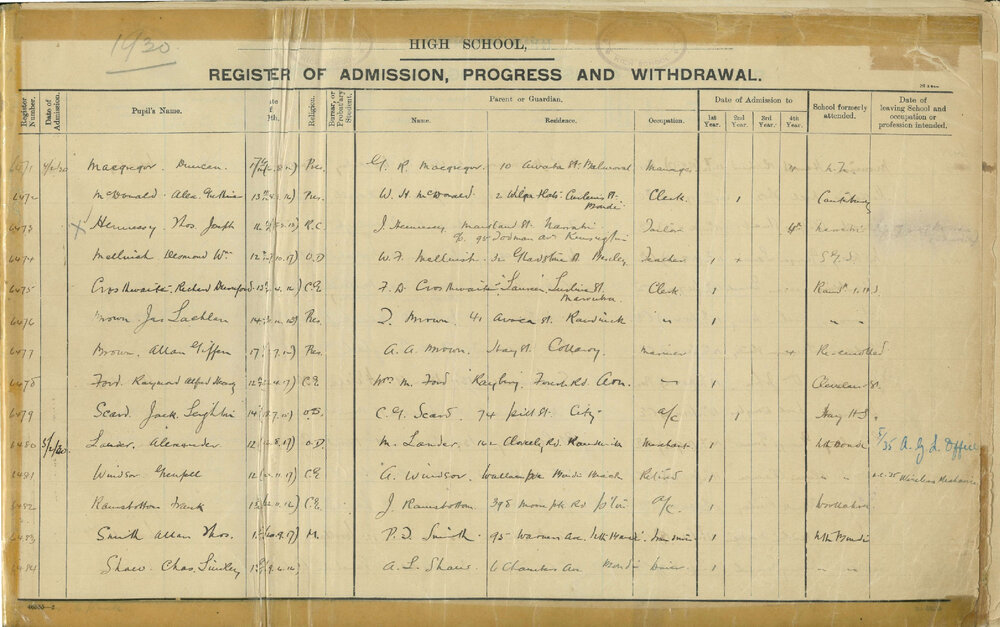 Admissions Register 1930