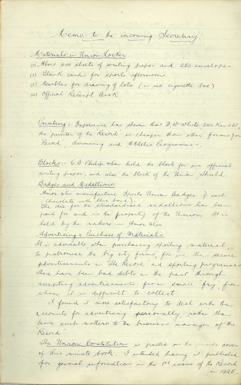 School Union - Minutes, 1925