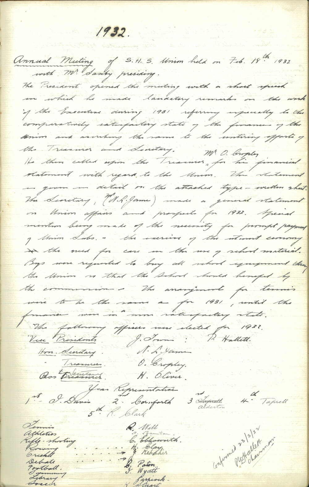 School Union - Minutes, 1932