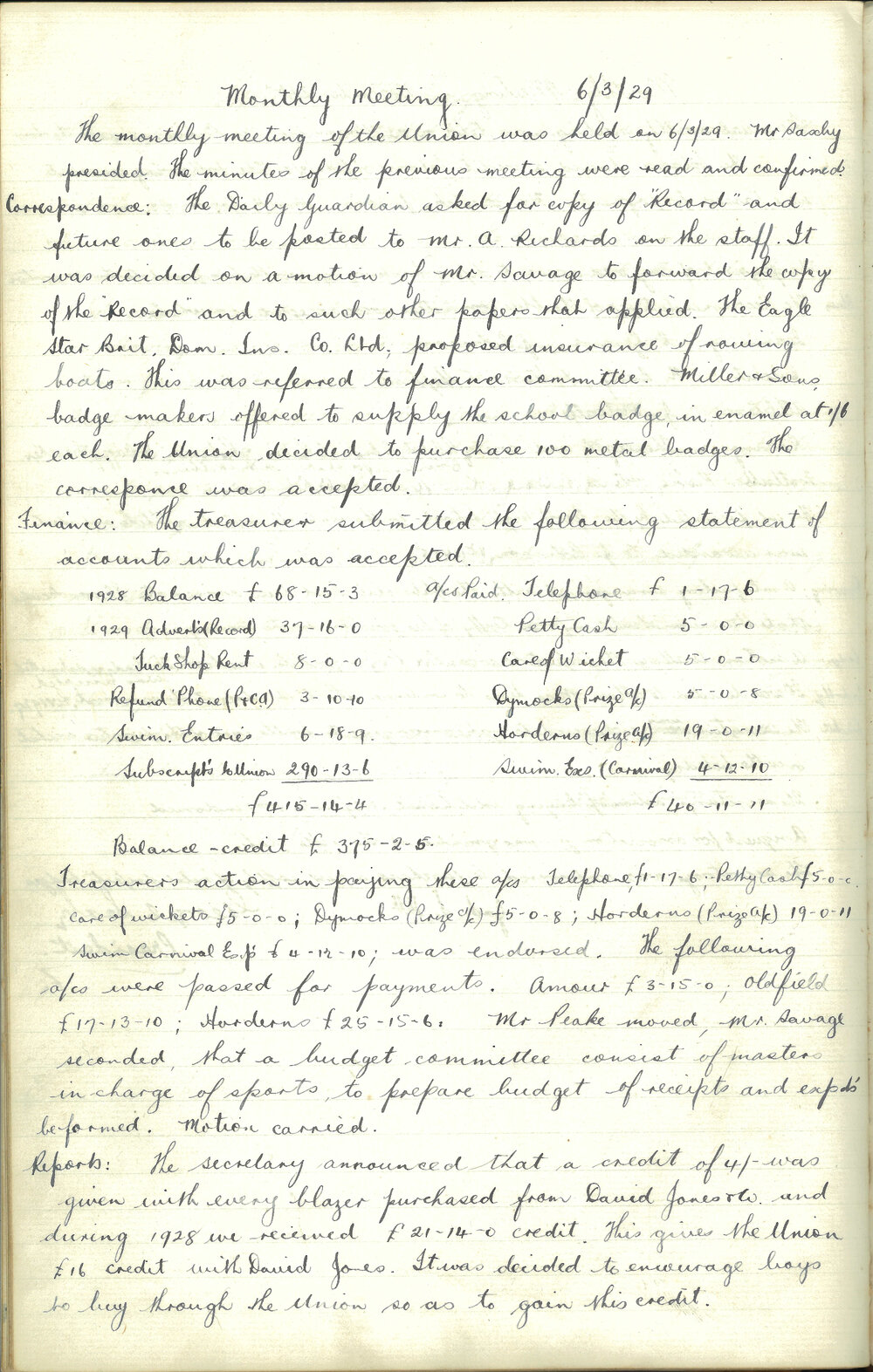 School Union - Minutes, 1929