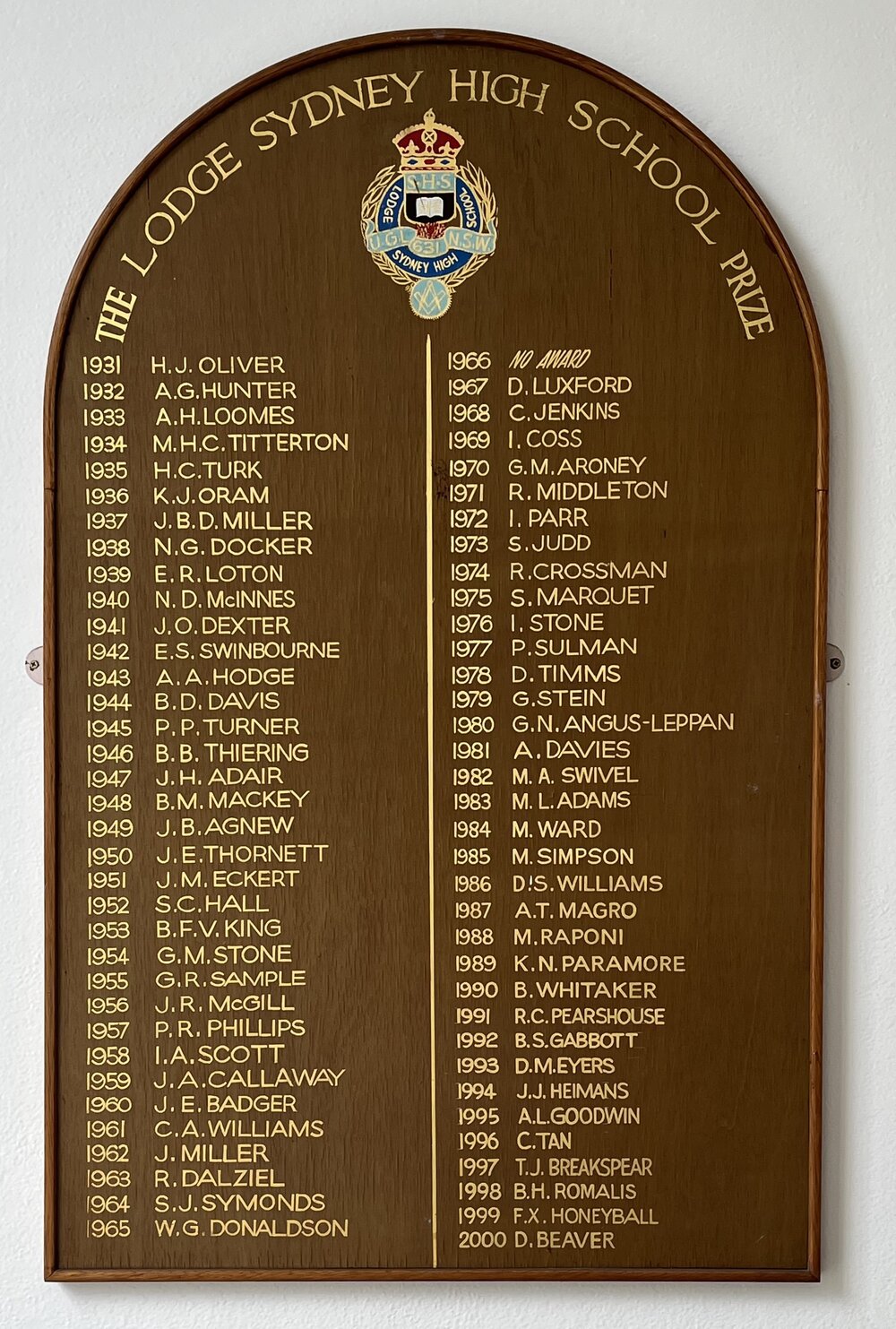Honour Board: The Lodge Sydney High School Prize