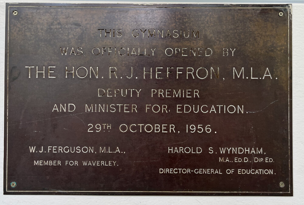 Plaque: Opening of gymnasium, 29 October 1956