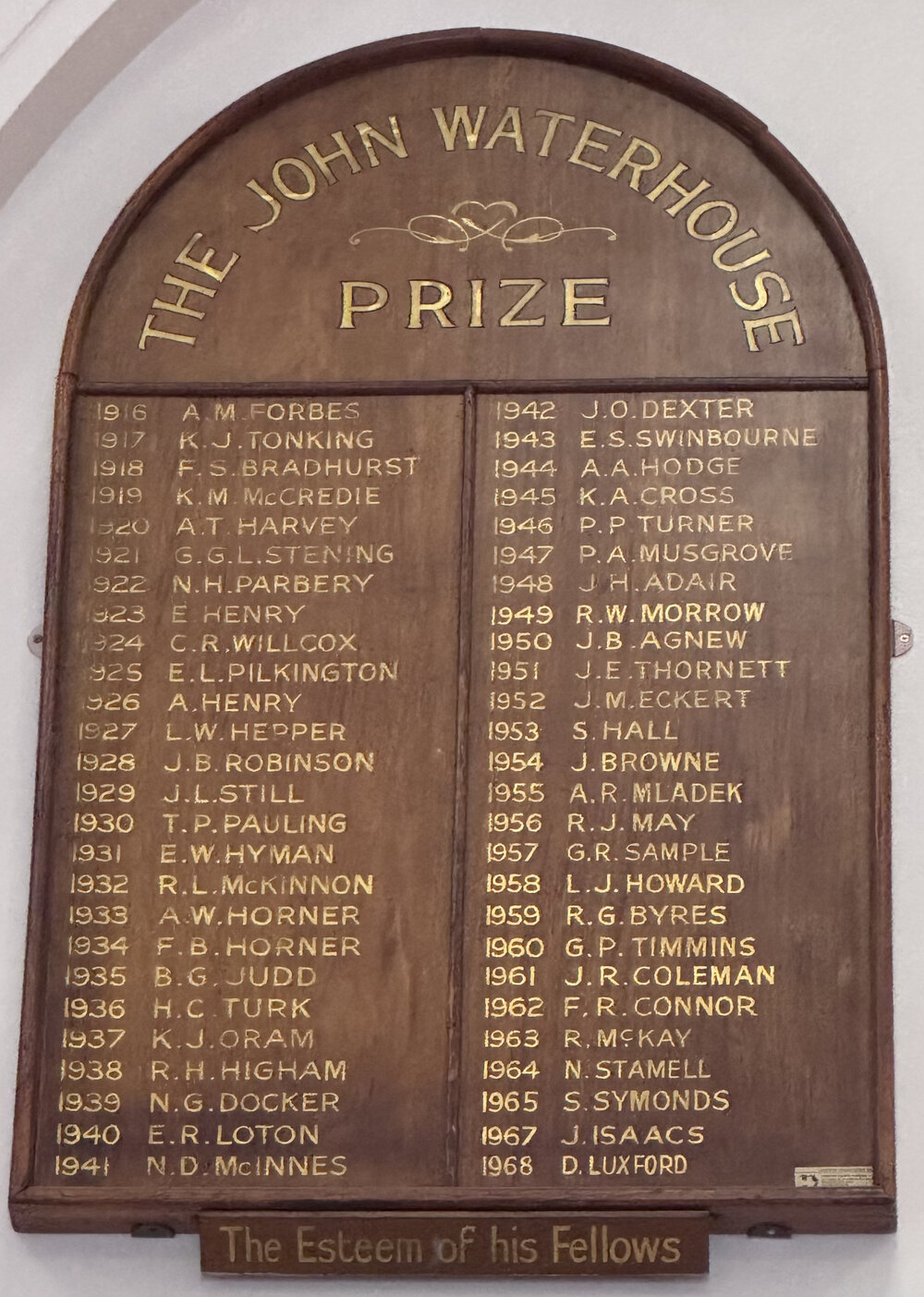 Honour Board: John Waterhouse Prize 1916-1968