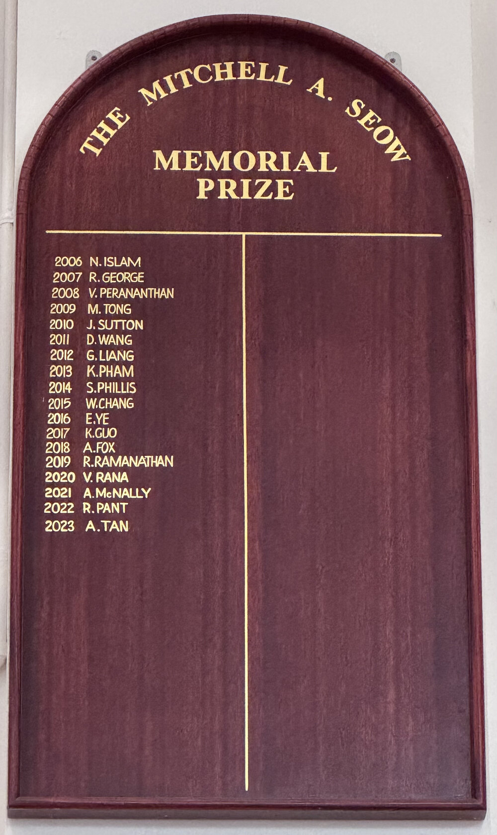 Honour Board: The Mitchell A Seow Memorial Prize