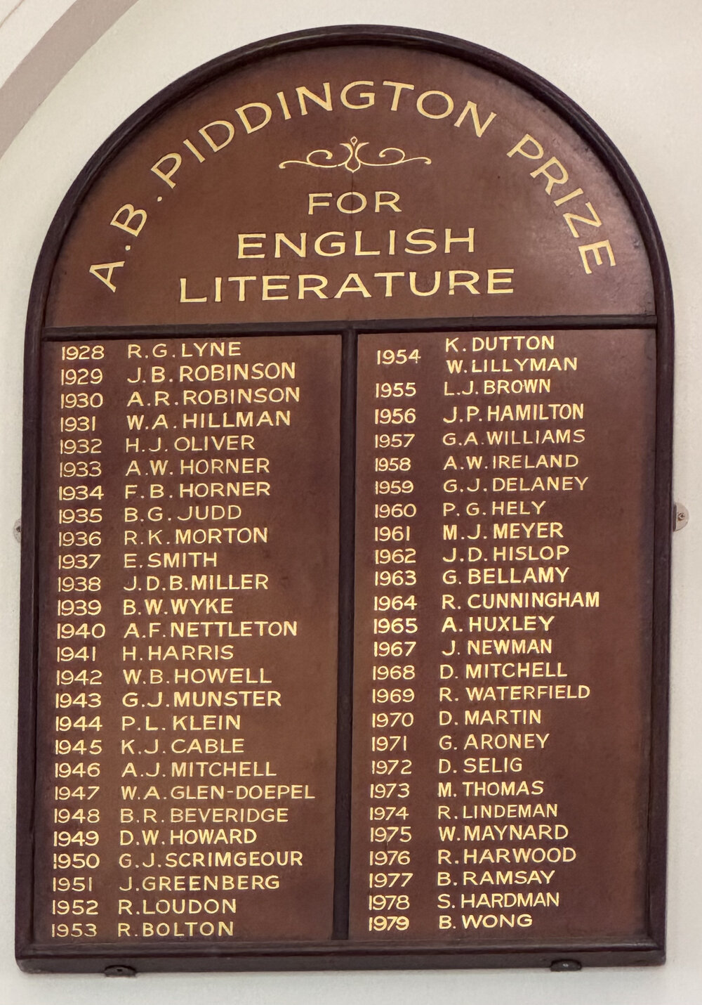 Honour Board: A B Piddington Prize for English Literature 1928-1979