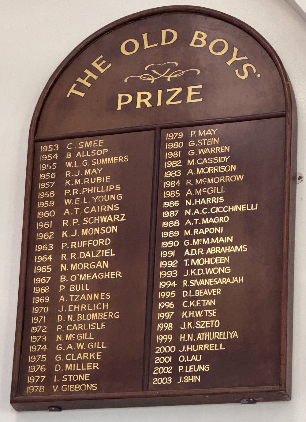 Honour Board: The Old Boys' Prize 1953-2003