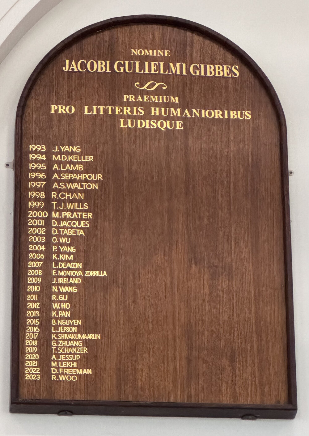 Honour Board: The J W Gibbes Memorial Prize 1993-2023
