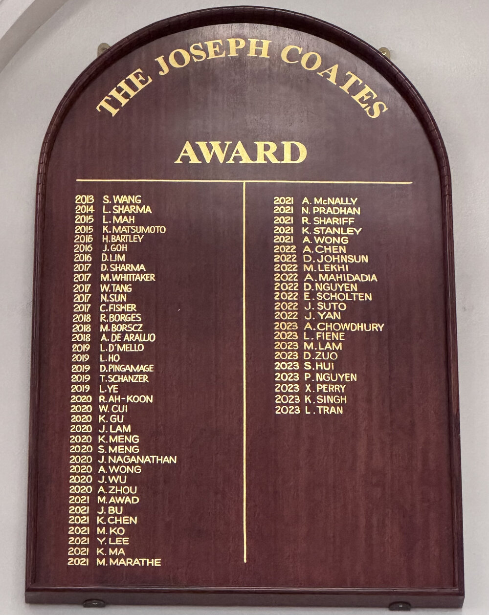 Honour Board: The Joseph Coates Award