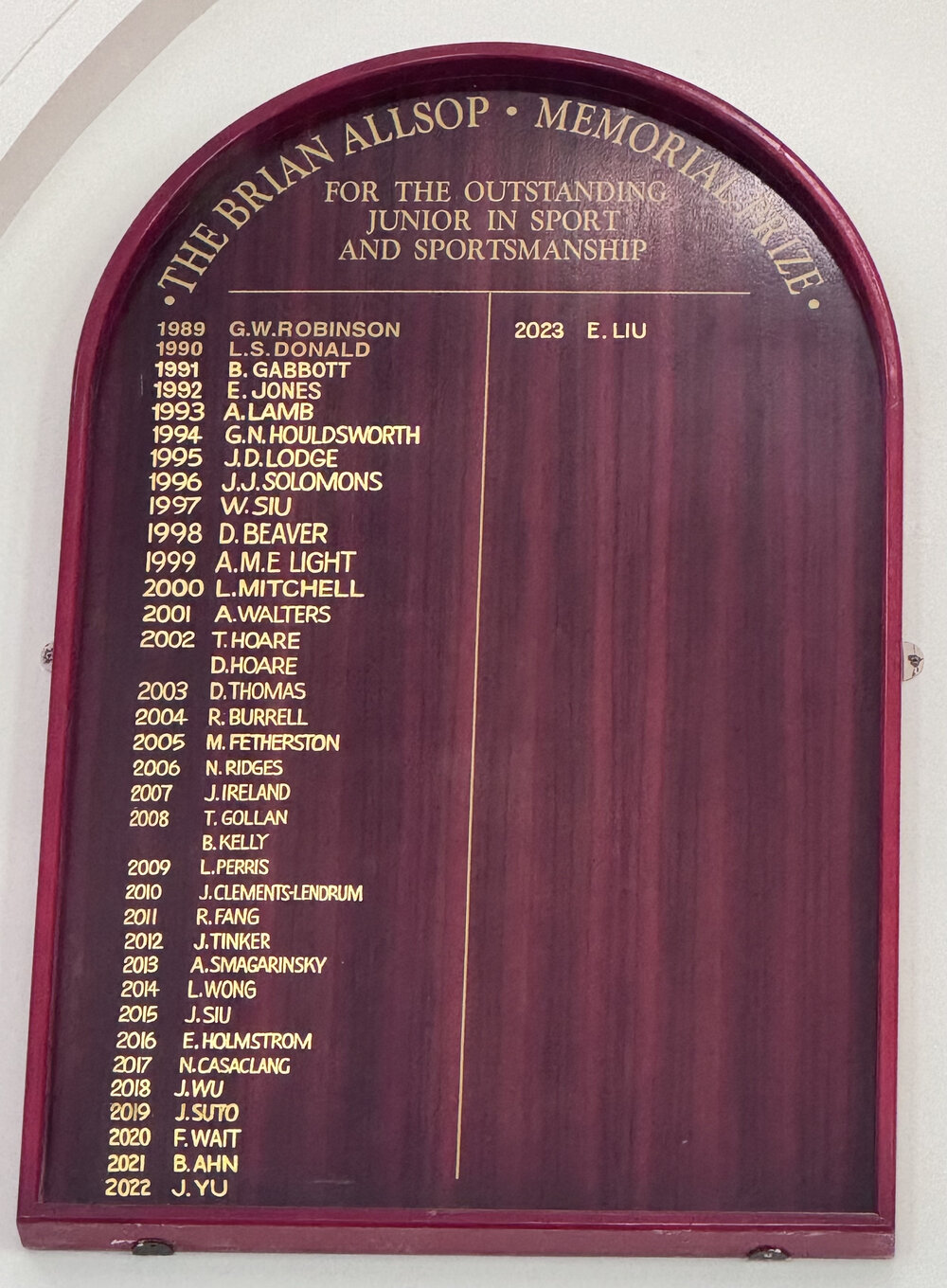 Honour Board: The Brian Allsop Memorial Prize