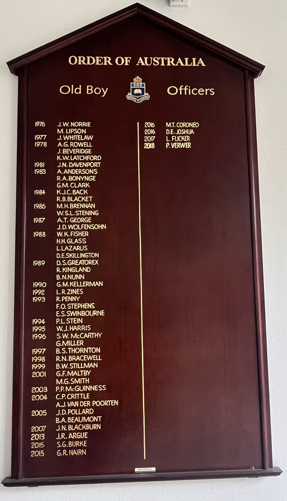 Honour Board: Officers of the Order of Austraia