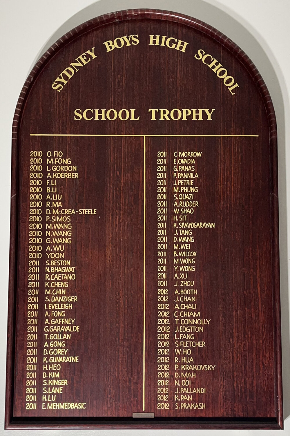 Honour Board: School Trophy, 2010-2012