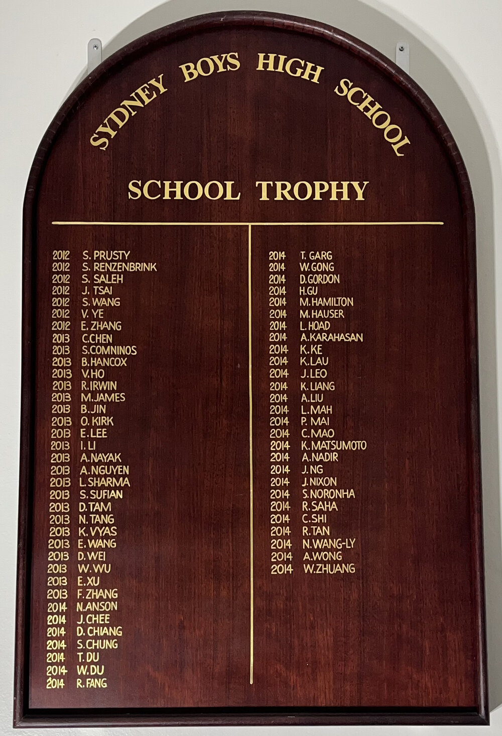 Honour Board: School Trophy, 2012-2014