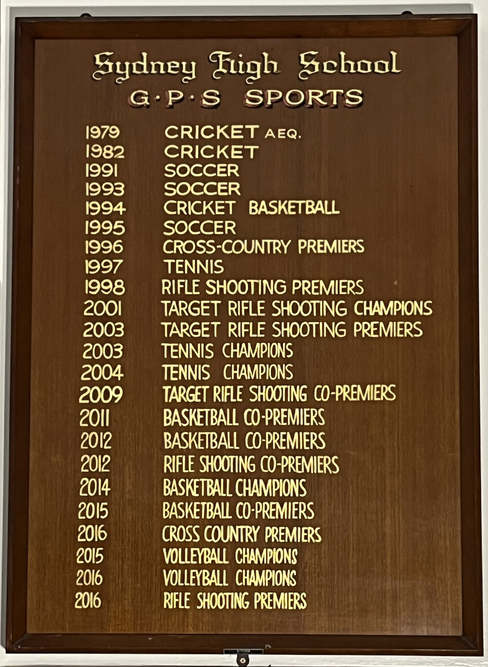 Honour Board: GPS Premierships, 1979-2016