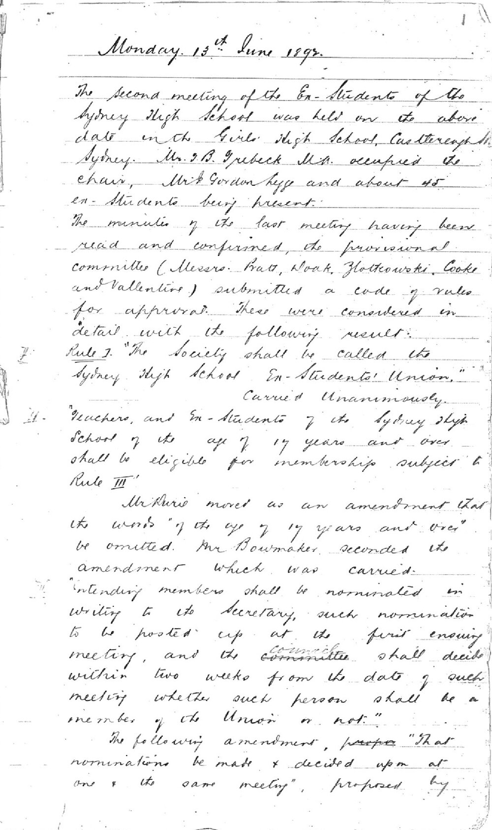 Sydney High School Old Boys Union Minutes 1892