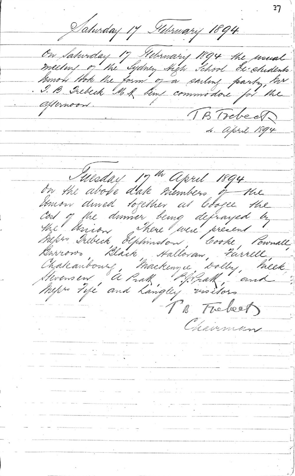 Sydney High School Old Boys Union Minutes 1894