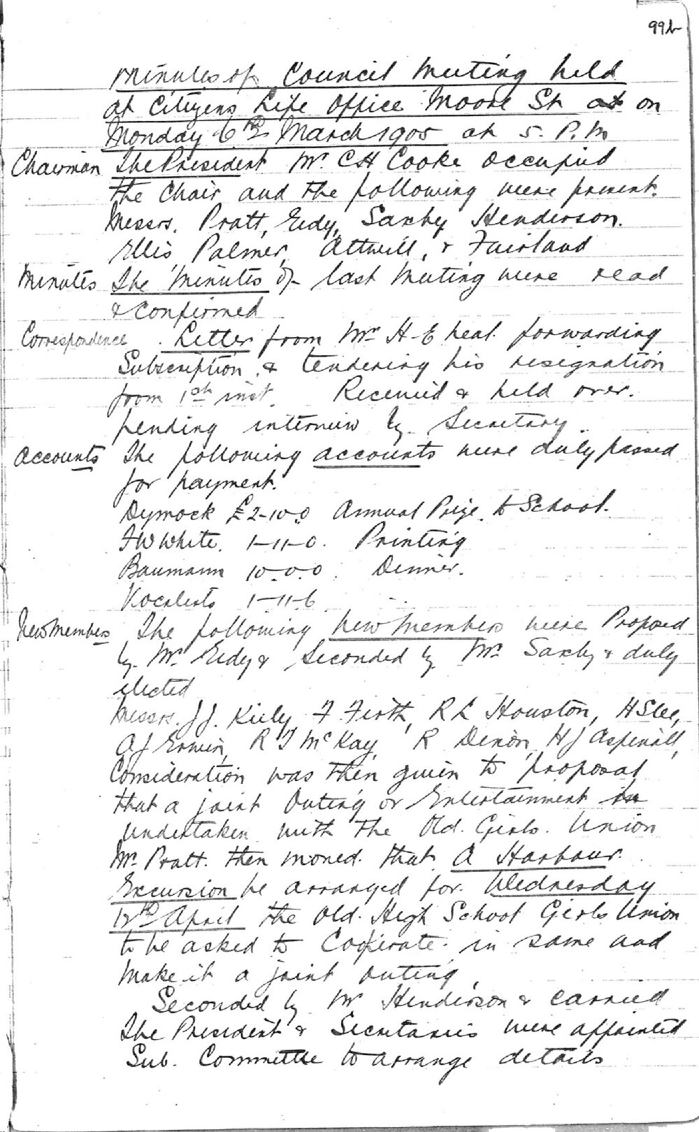 Sydney High School Old Boys Union Minutes 1905