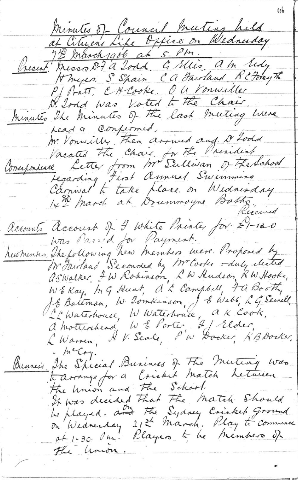 Sydney High School Old Boys Union Minutes 1906