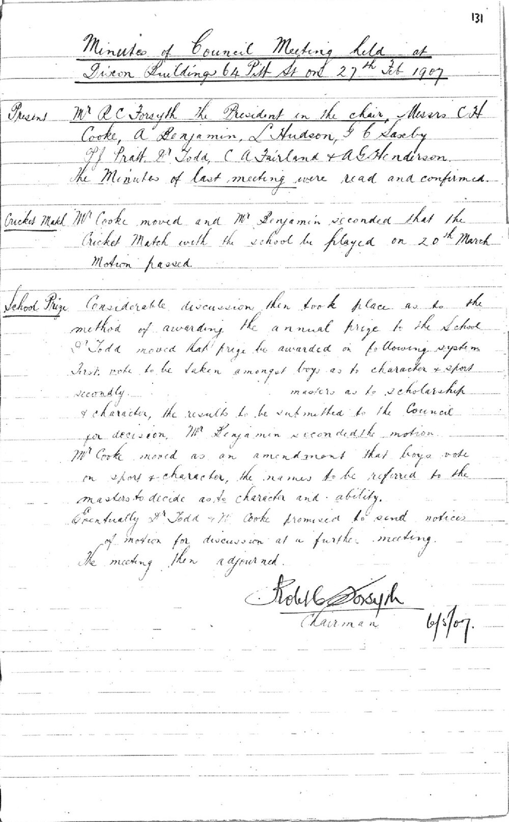 Sydney High School Old Boys Union Minutes 1907