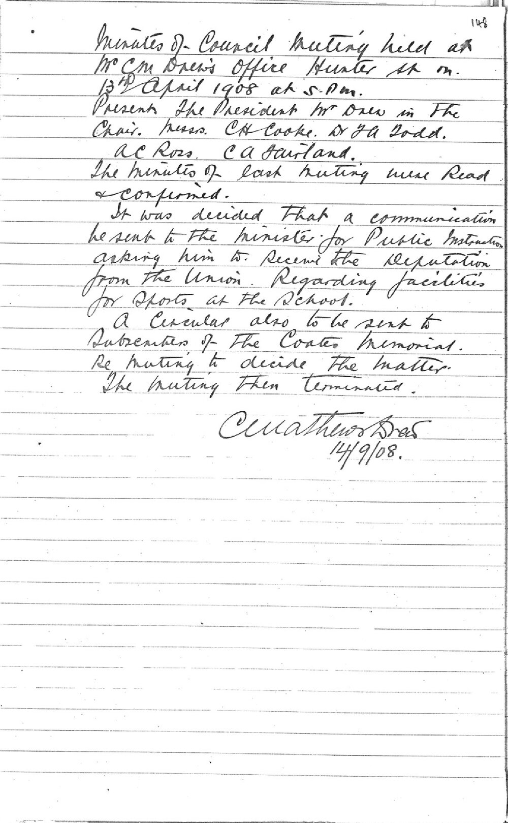 Sydney High School Old Boys Union Minutes 1908