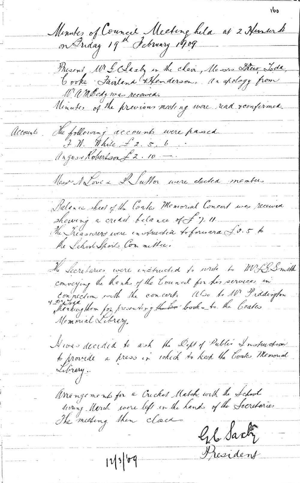 Sydney High School Old Boys Union Minutes 1909