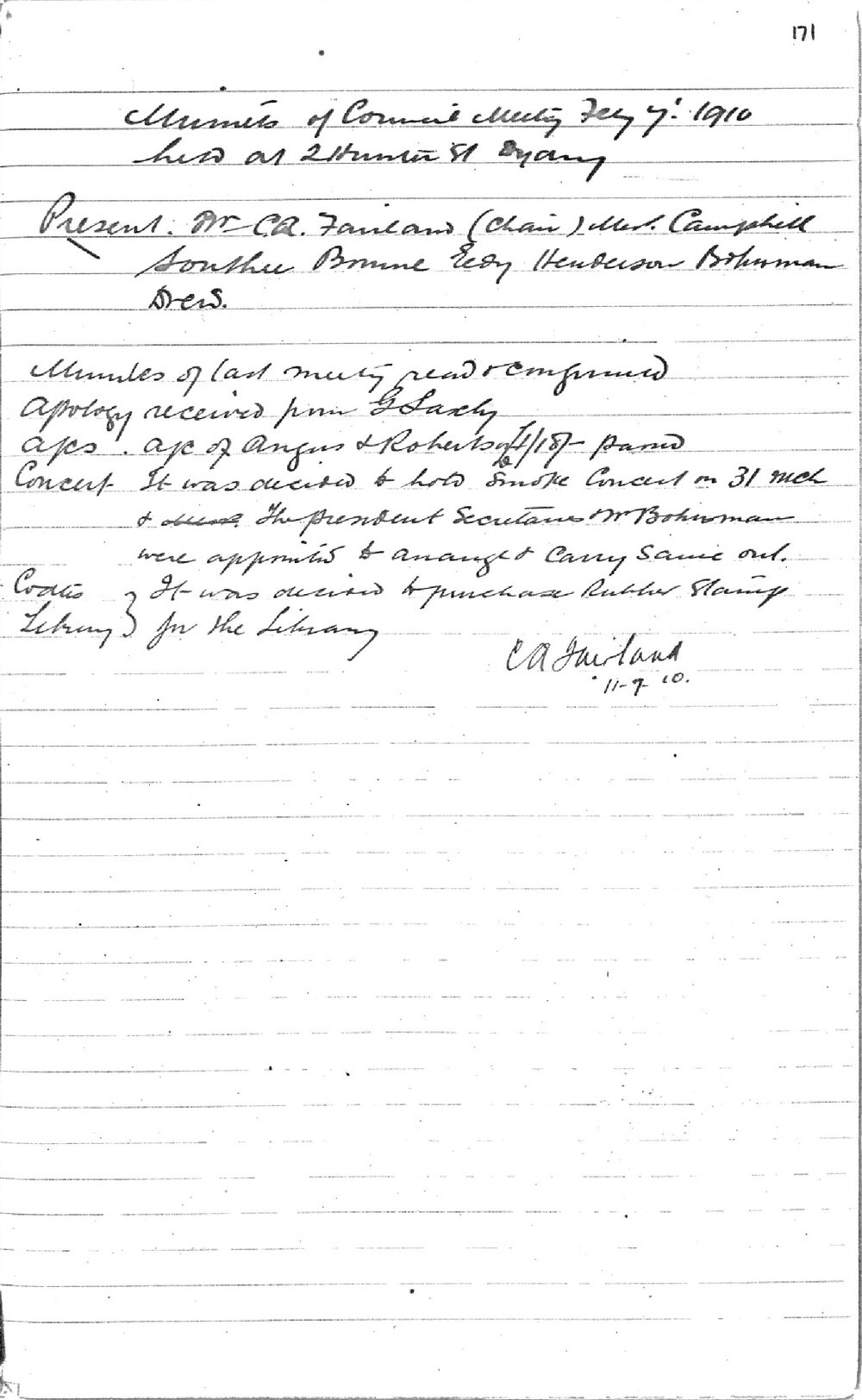 Sydney High School Old Boys Union Minutes 1910