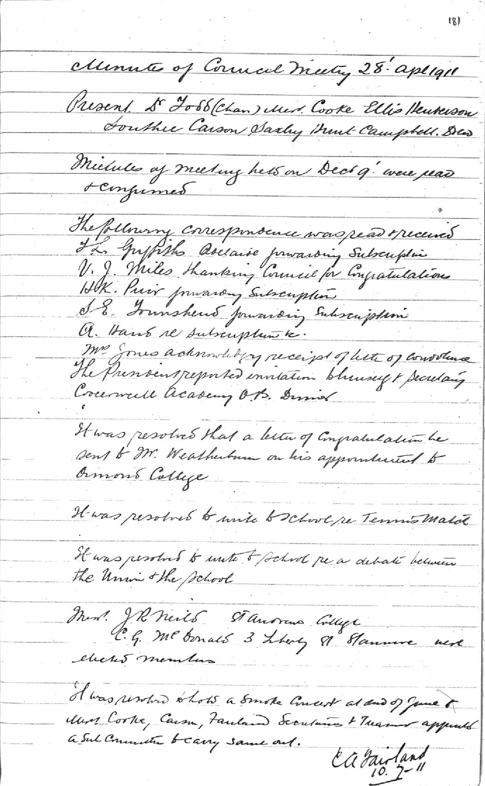 Sydney High School Old Boys Union Minutes 1911