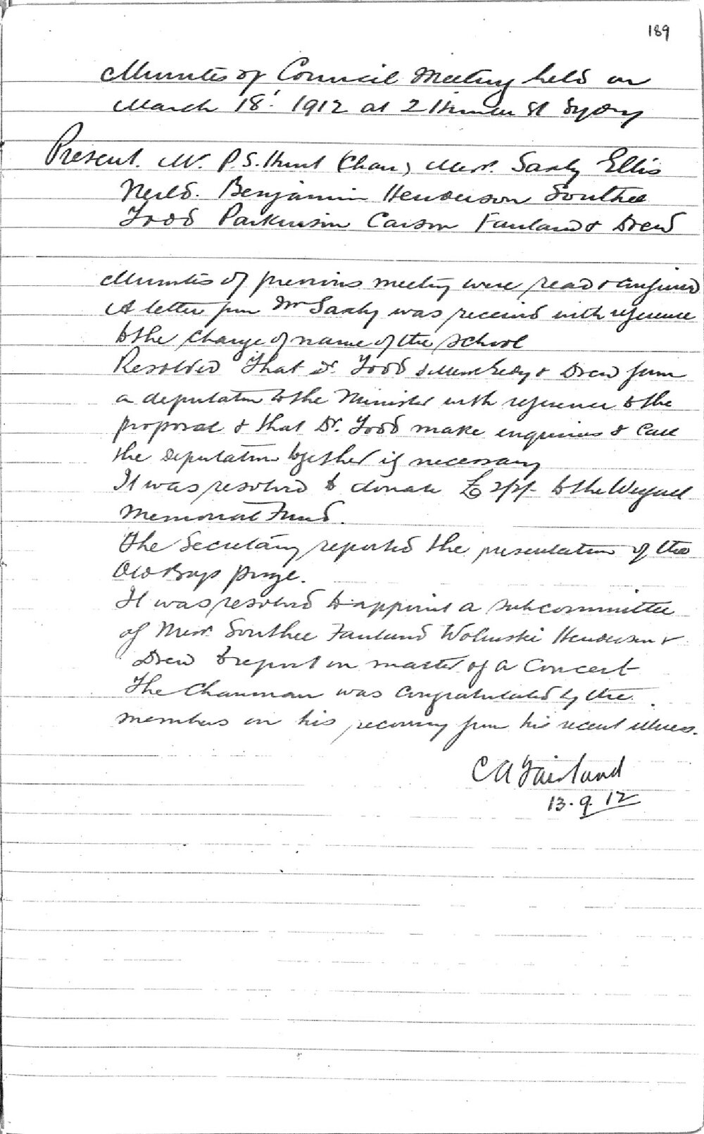 Sydney High School Old Boys Union Minutes 1912