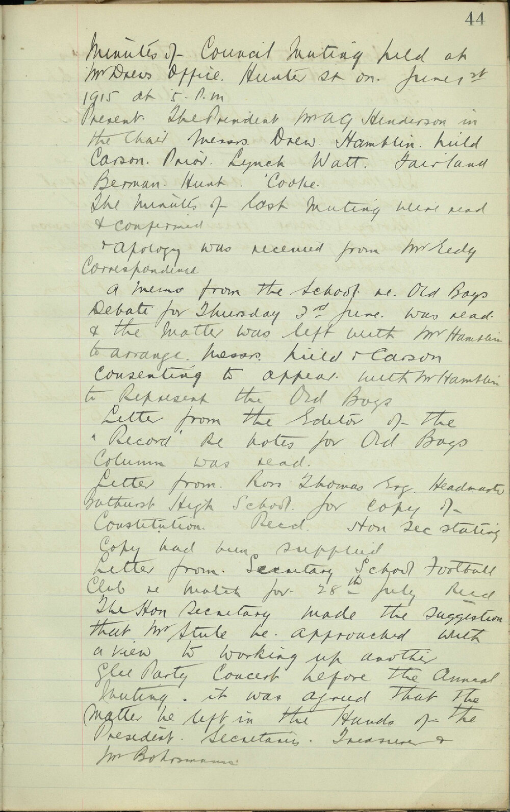 Sydney High School Old Boys Union Minutes 1915