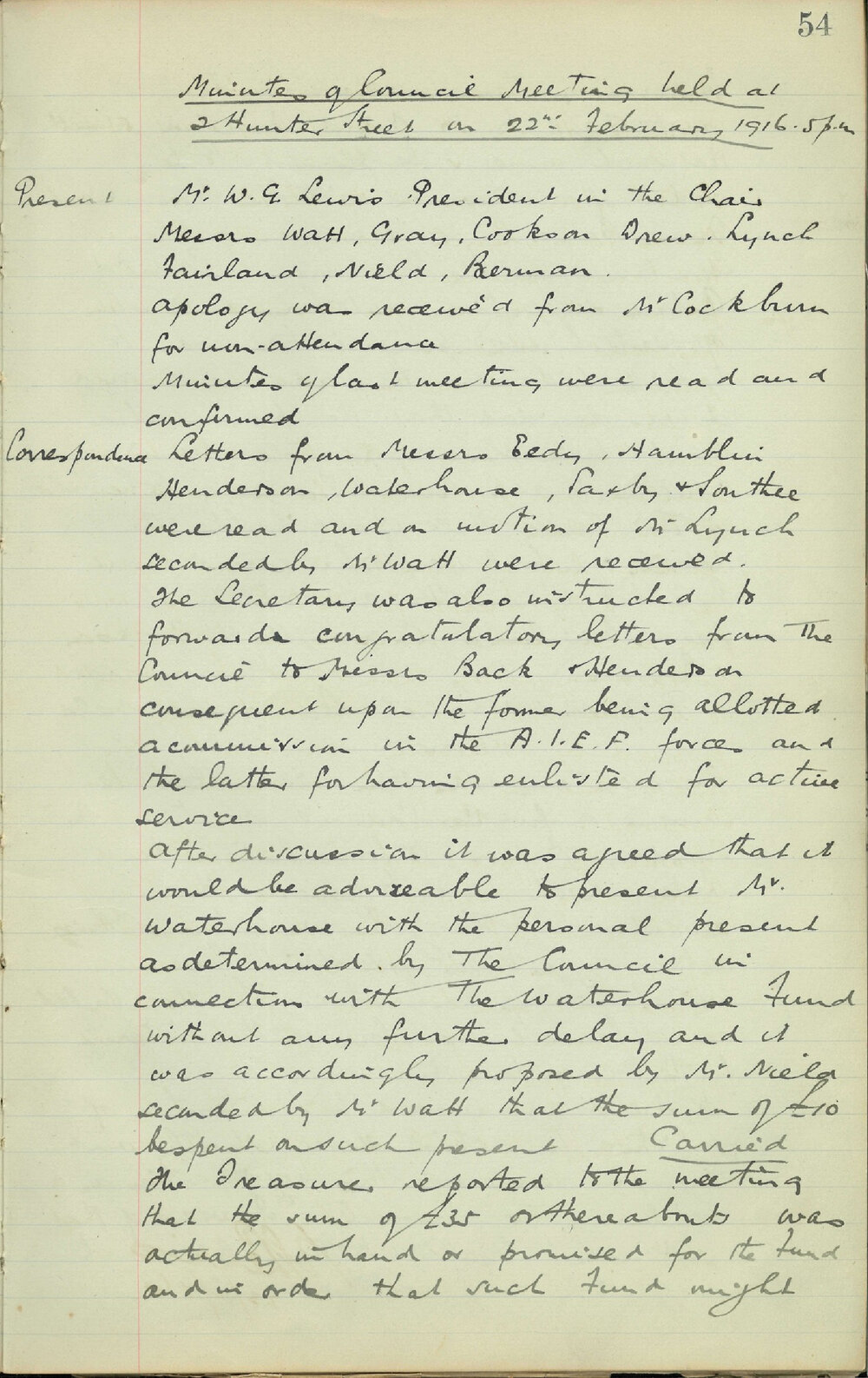 Sydney High School Old Boys Union Minutes 1916