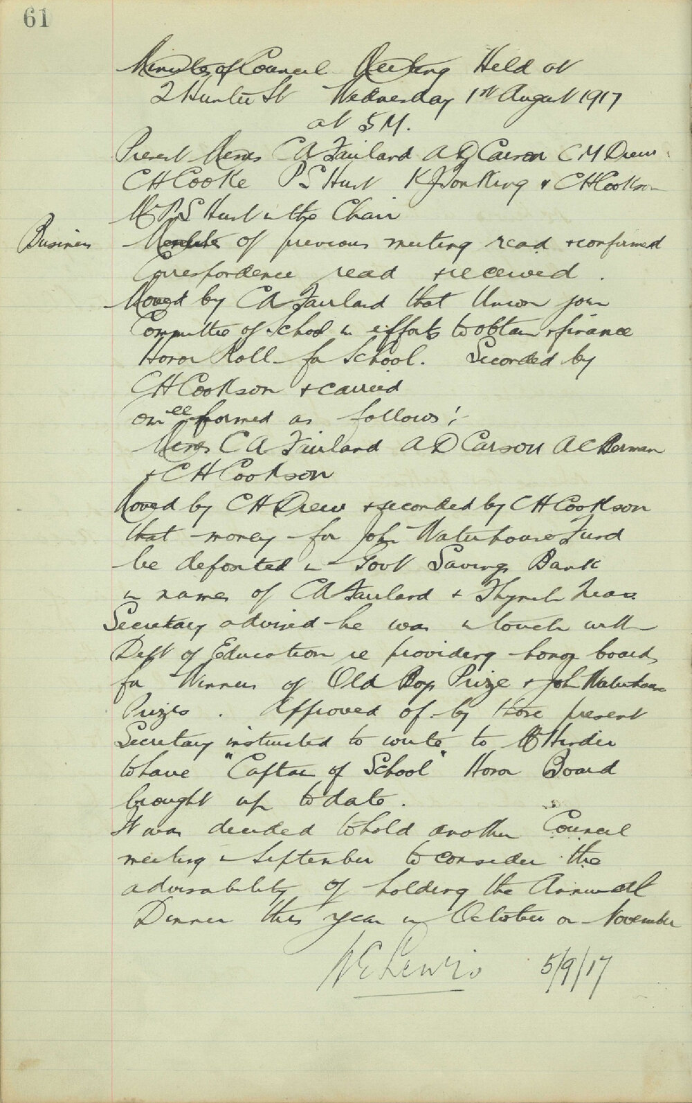 Sydney High School Old Boys Union Minutes 1917