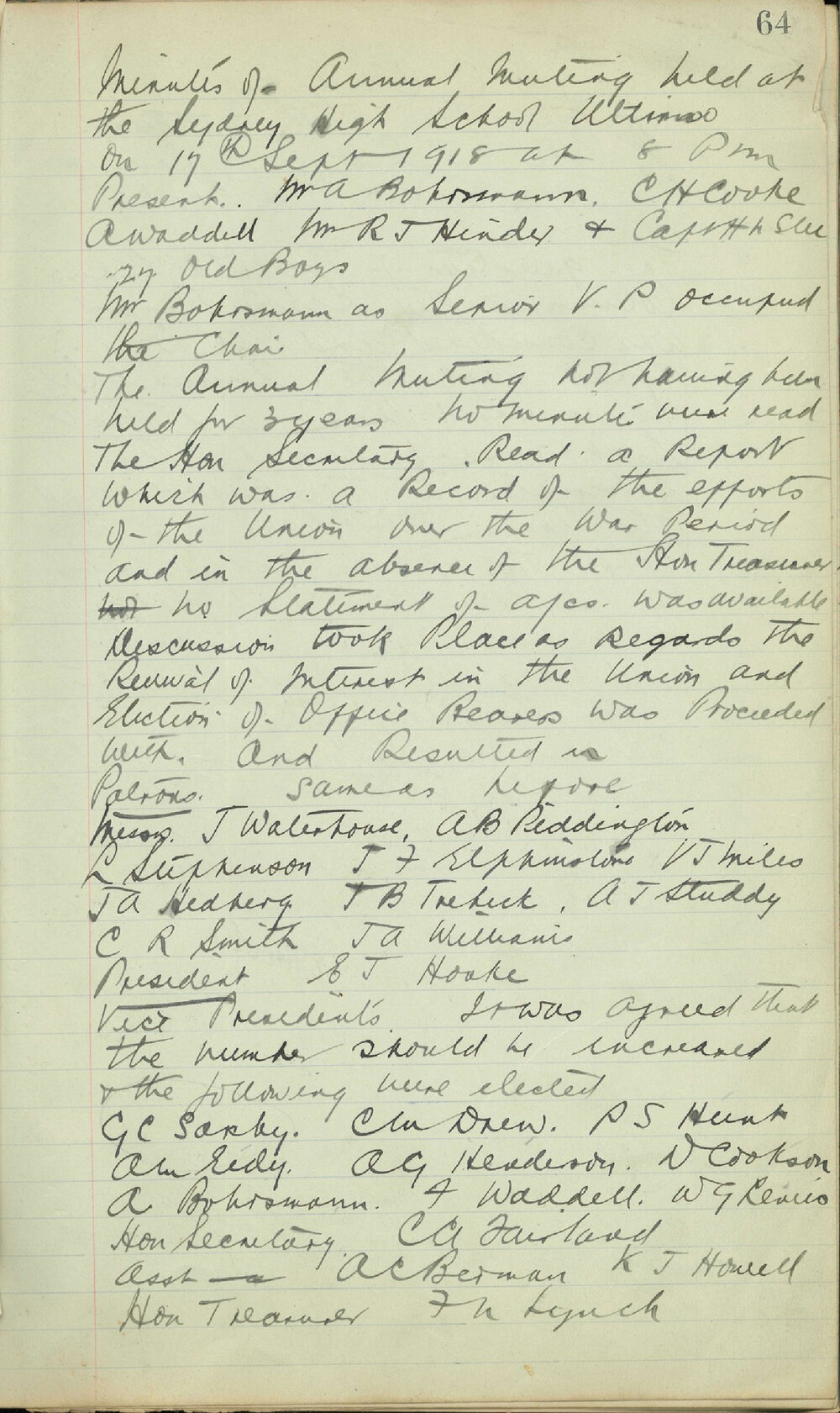 Sydney High School Old Boys Union Minutes 1918