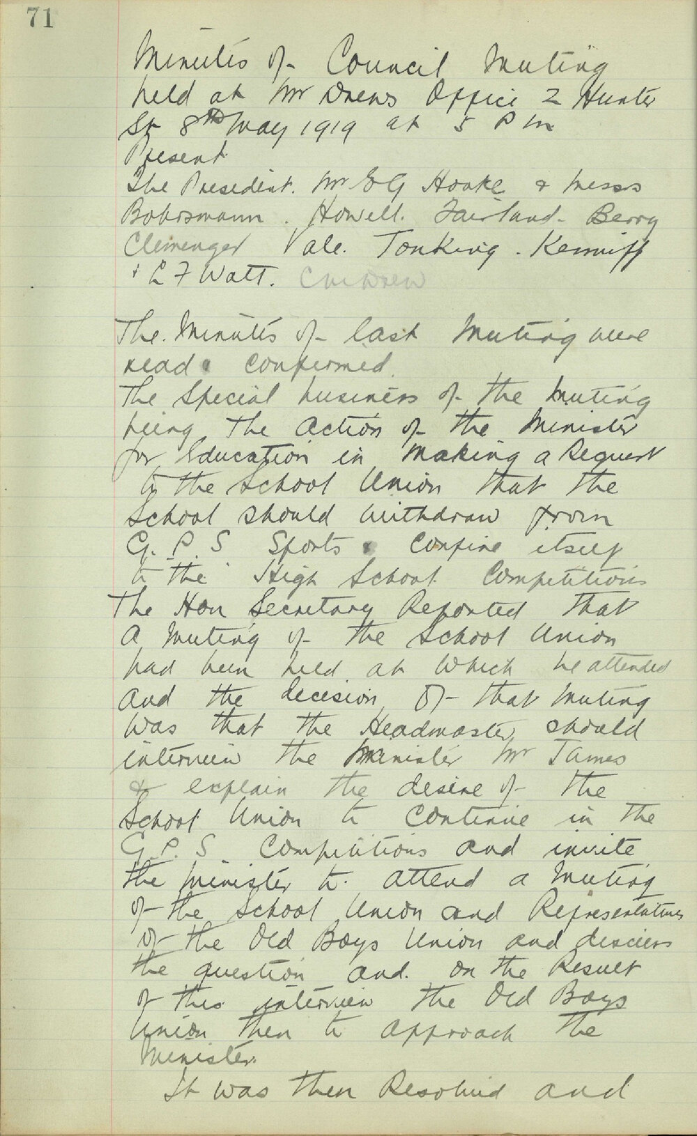 Sydney High School Old Boys Union Minutes 1919