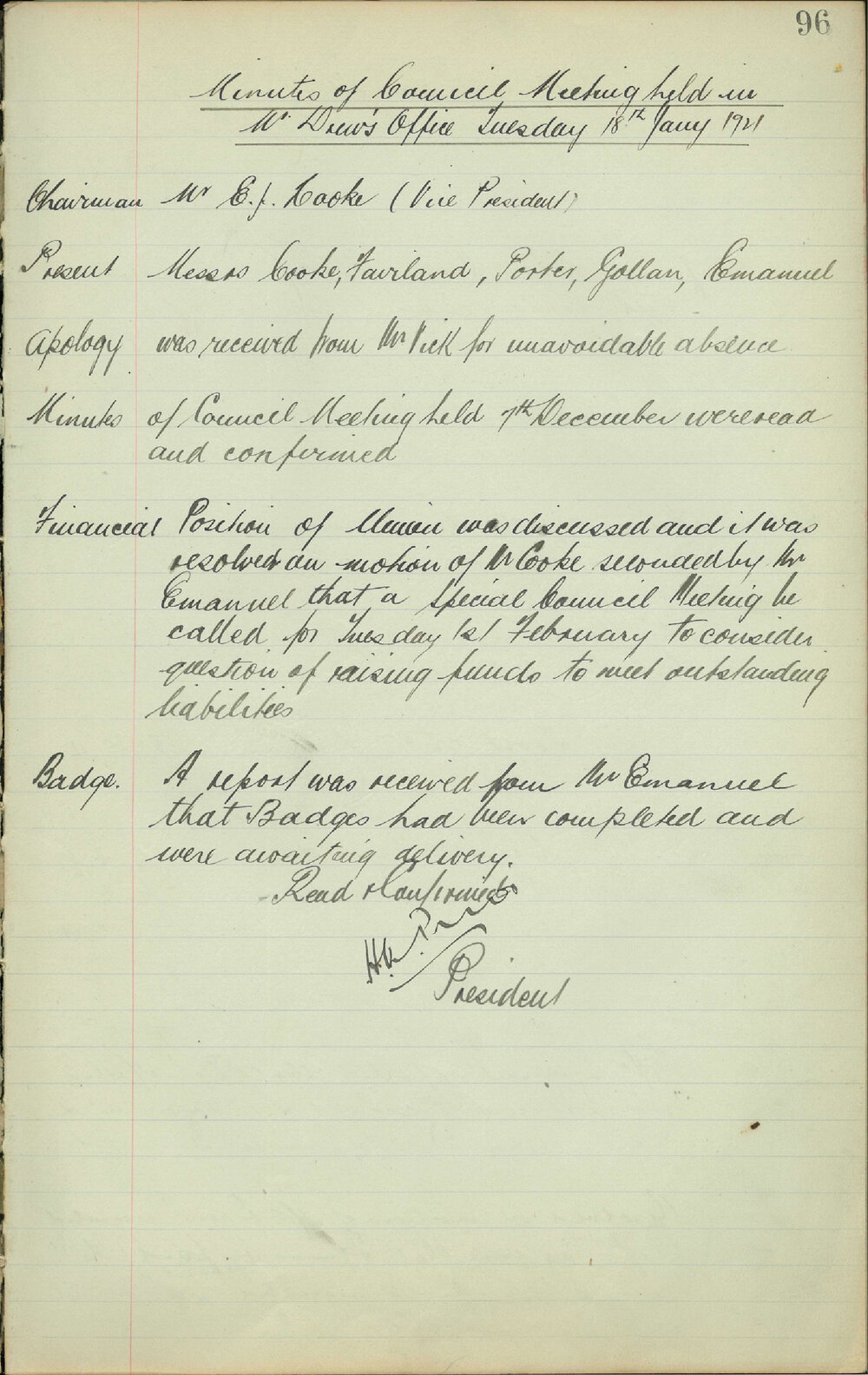 Sydney High School Old Boys Union Minutes 1921