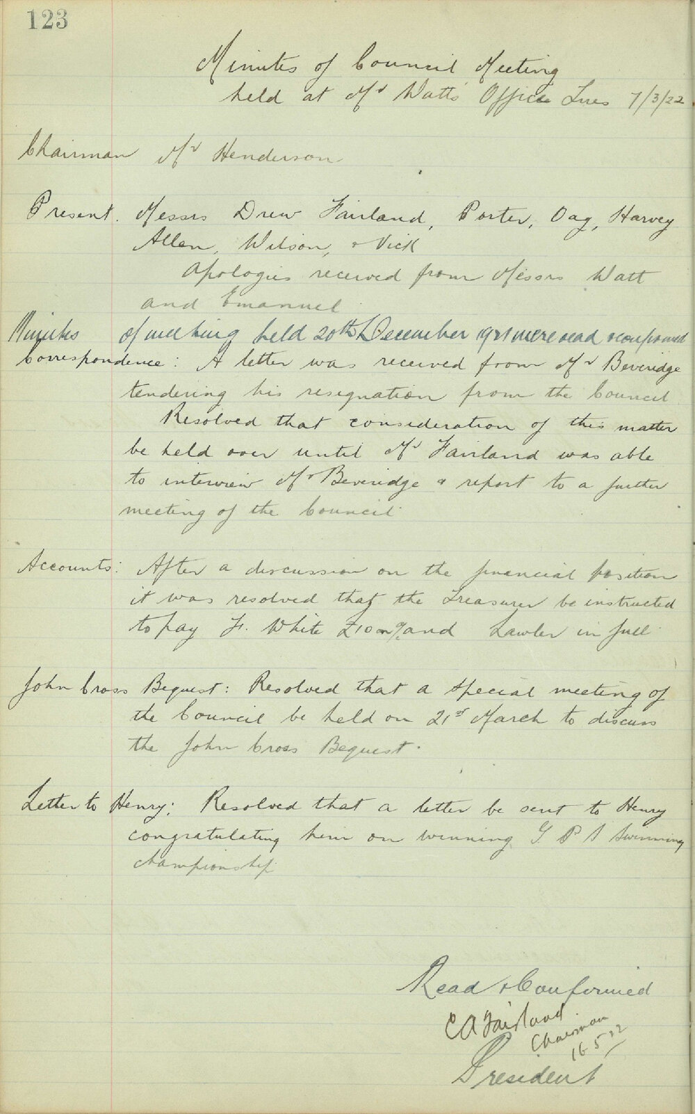 Sydney High School Old Boys Union Minutes 1922