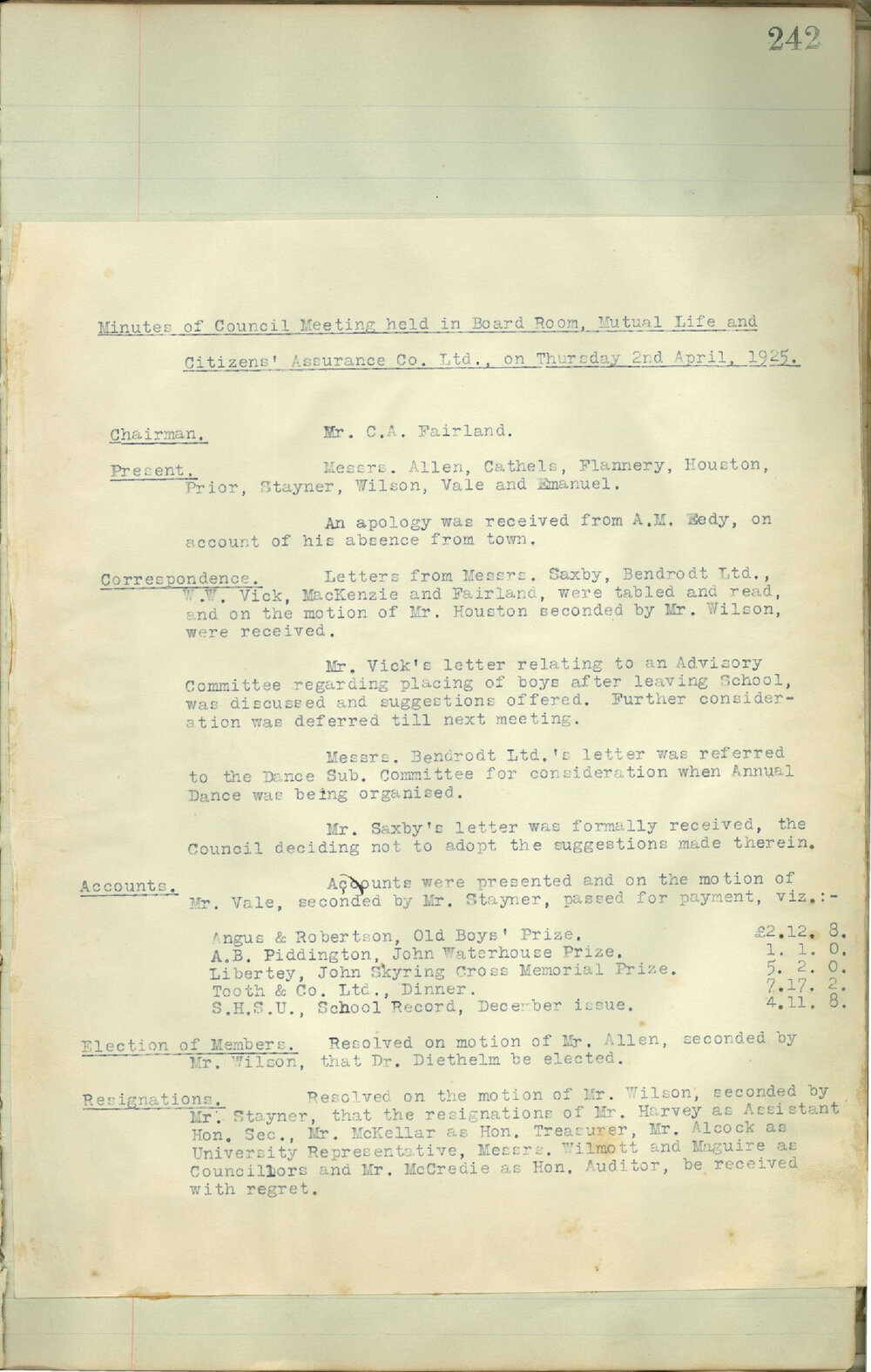 Sydney High School Old Boys Union Minutes 1925