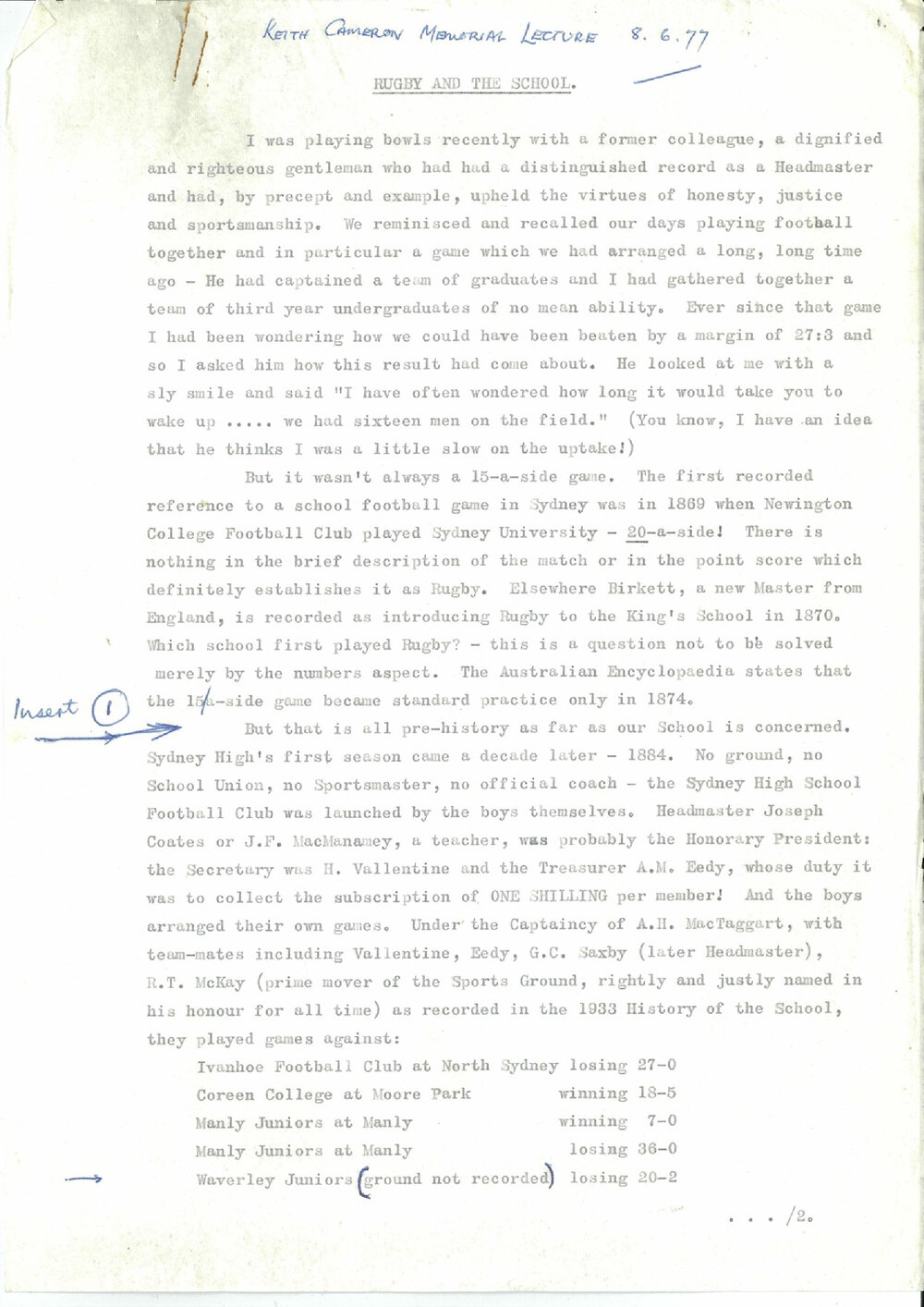 Rugby and the School, by Murray Raymond Callaghan (1977)