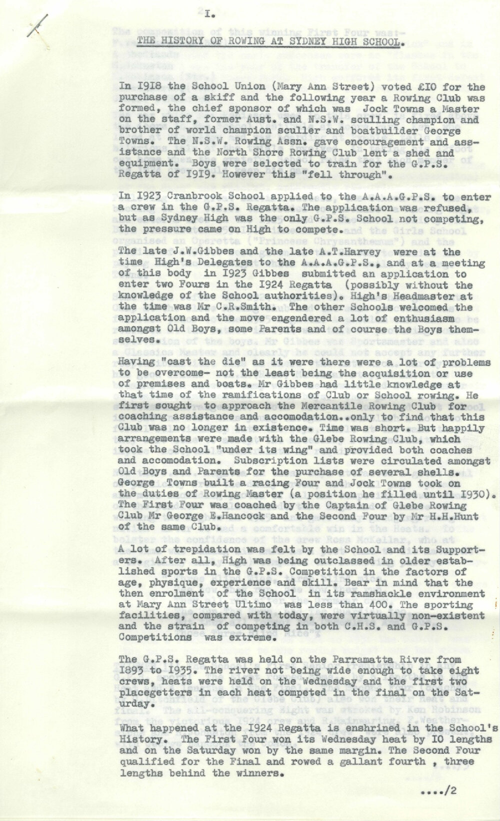 The History of Rowing at Sydney High School, by Ron H Presgrave (1979)