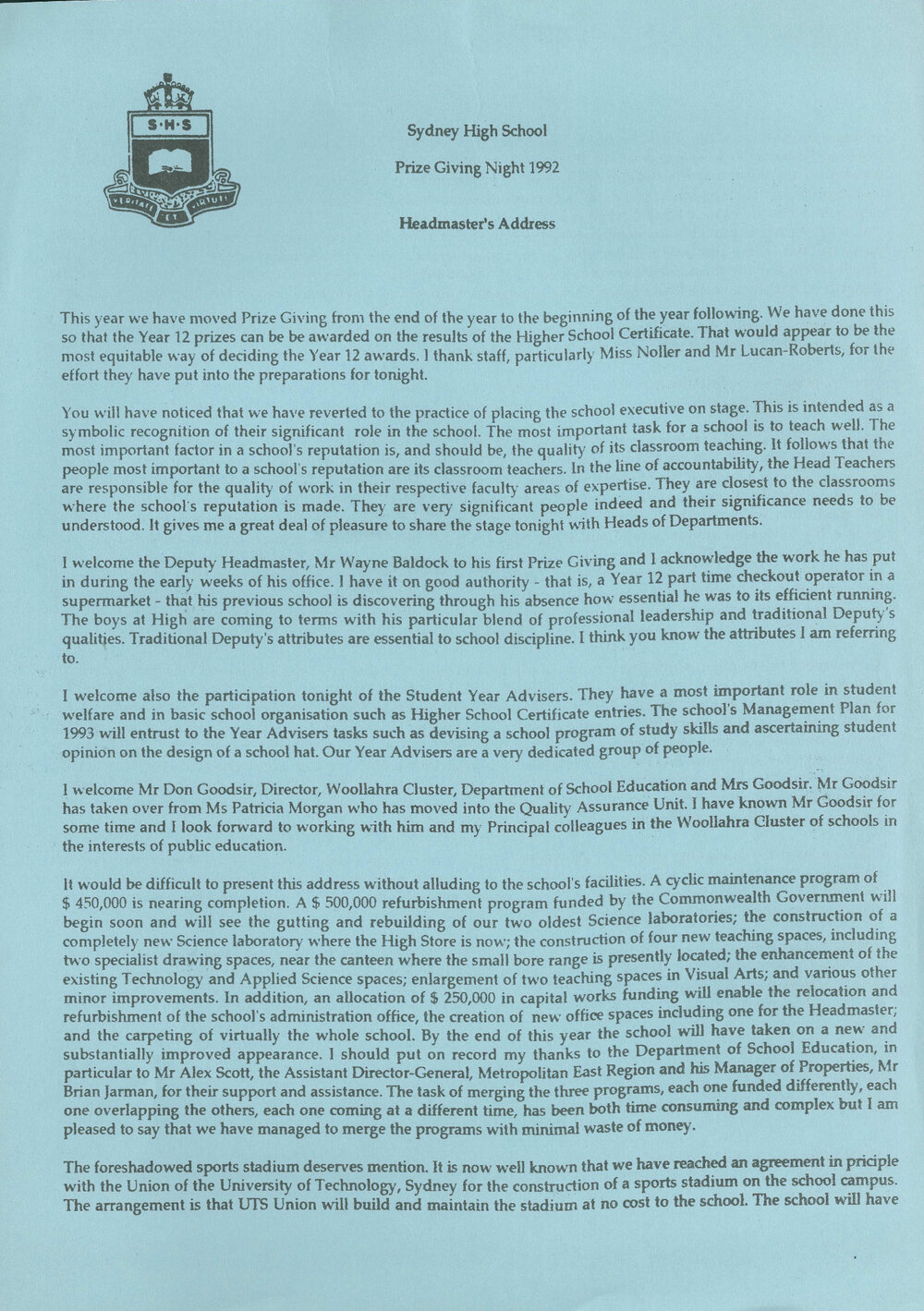 Headmaster's Report 1992