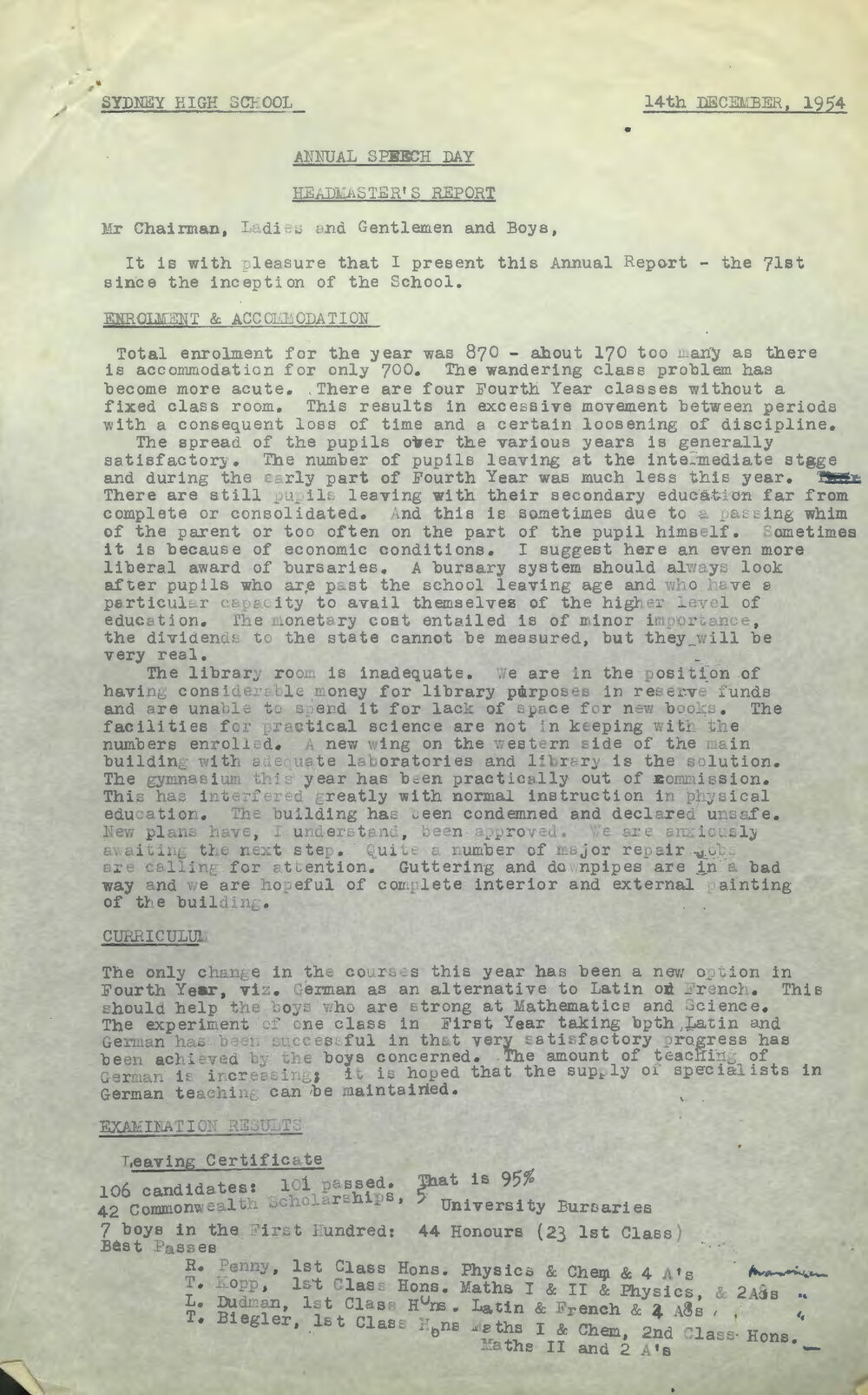 Headmaster's Report 1954