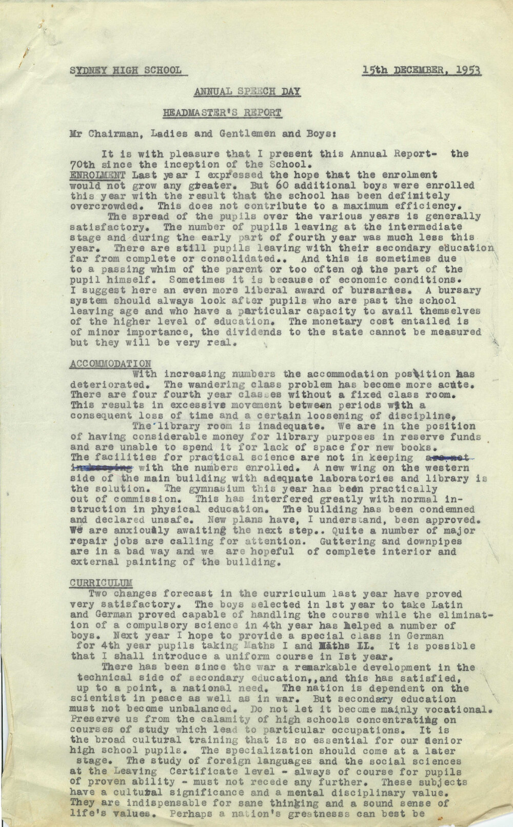 Headmaster's Report 1953