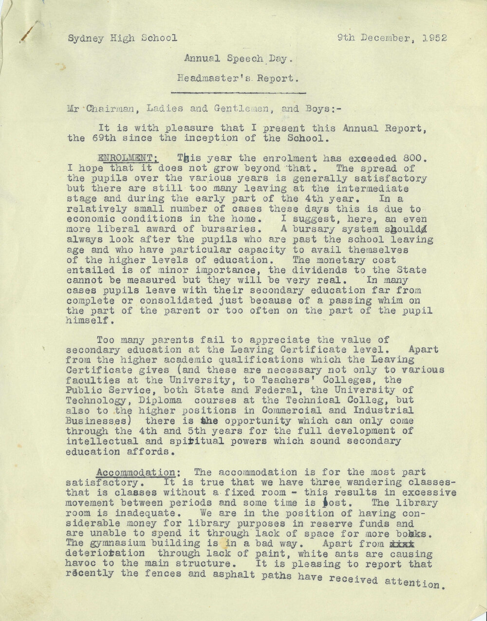 Headmaster's Report 1952