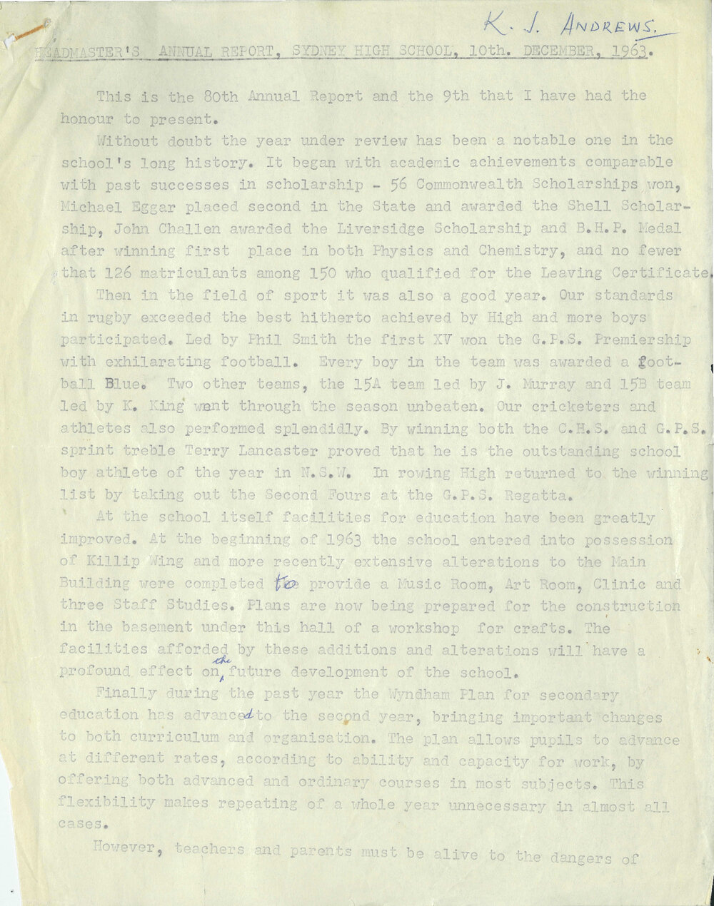Headmaster's Report 1963