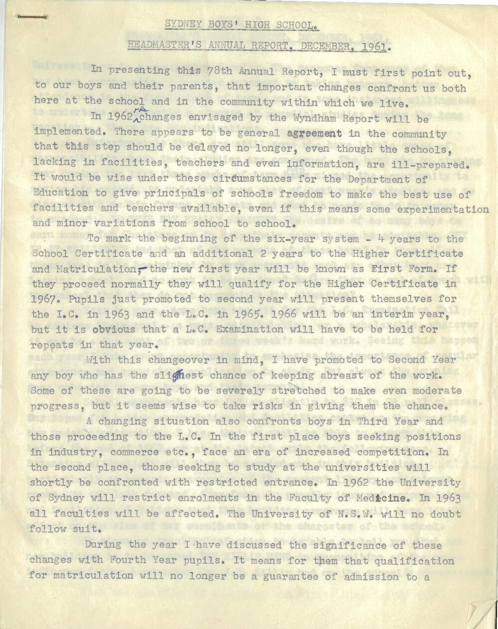 Headmaster's Report 1961