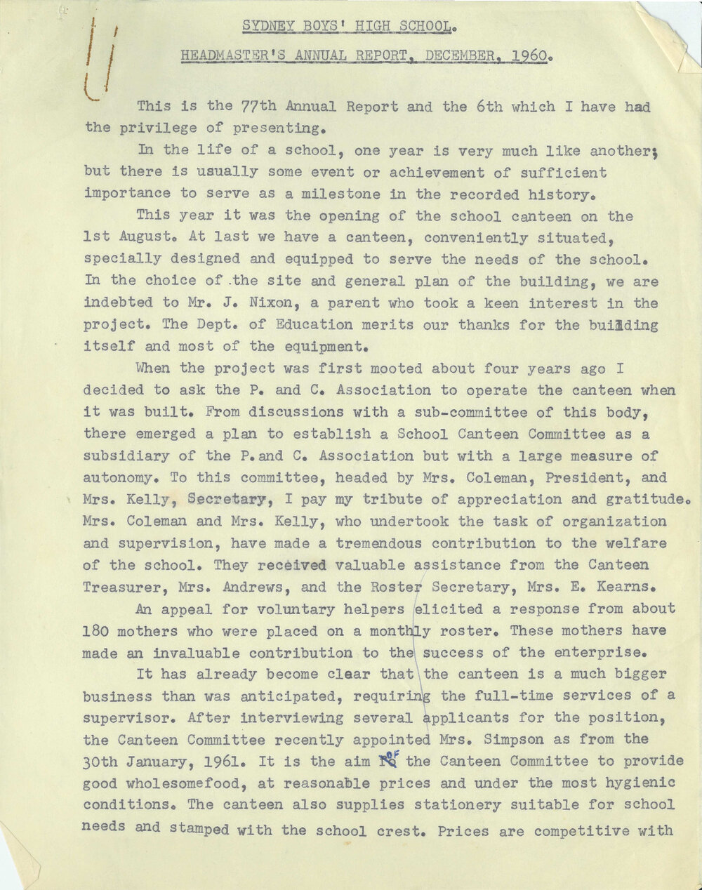 Headmaster's Report 1960