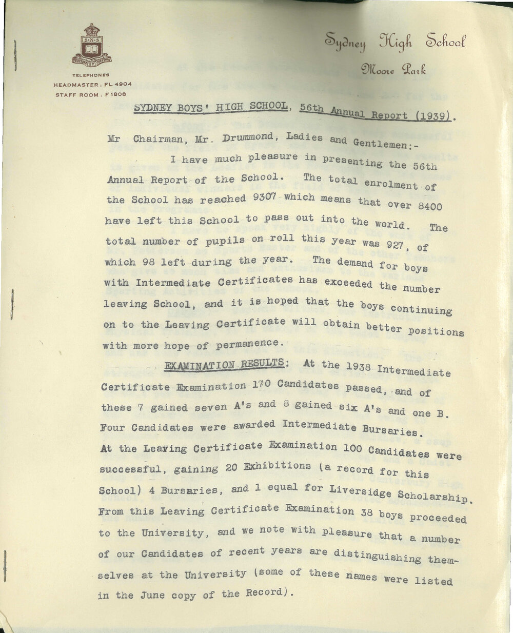 Headmaster's Report 1939