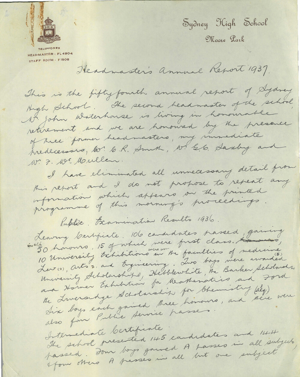 Headmaster's Report 1937