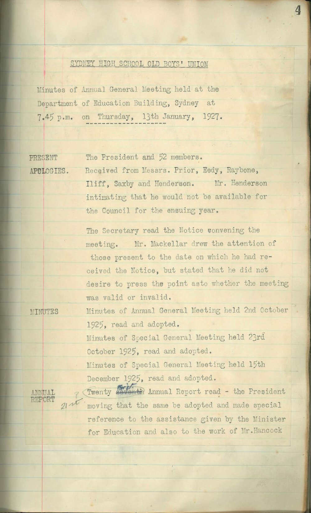 Sydney High School Old Boys Union Minutes 1927